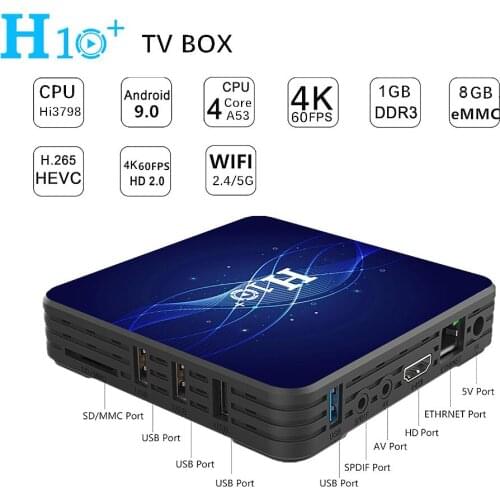 H10 Plus Android 9.0 Smart TV Box HDR H.265 VP9 Quad-core 64 Bit 4K Media Player DDR3 8GB EMMC 2.4G/5G Dual-band WiFi TV Box