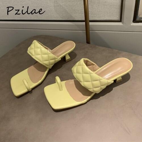 Pzilae fashion 2020 summer slippers sexy ladies clip toe slip on outdoor sandal slides med heel elegant ladies dress shoes black