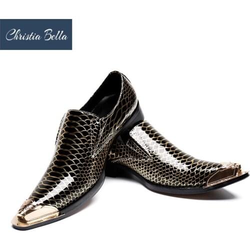 Christia Bella Luxury Fashion Brand Gold Mens Dress Shoes Wedding Shoes Metal Pointed Toe Shiny Genuine Leather Business Shoes