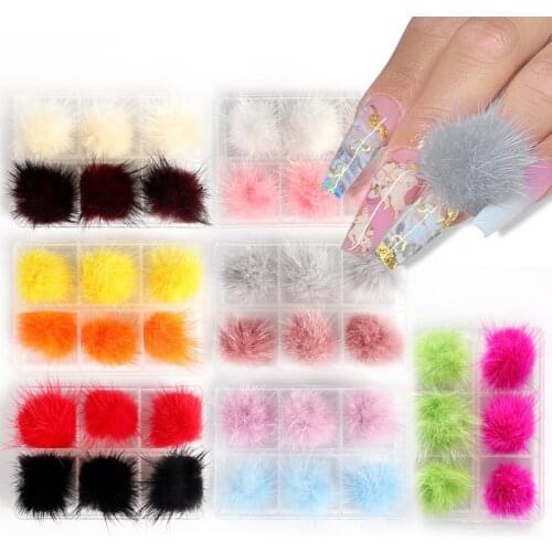 6Pcs/Box Detachable Nail Art Fluffy Pom Removable 3D Nail Plush Faux Fur Balls With Magnetic Base Pompon Ball Nail Accessories