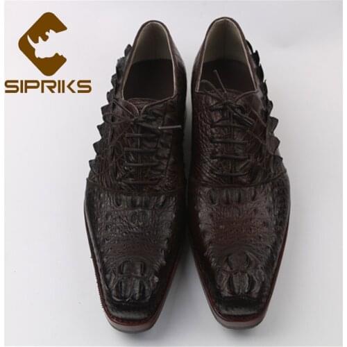 Sipriks Mens Imported Real Crocodile Skin Leather Black Oxfords Unique Design Dark Brown Business Office Italy Goodyear Welted