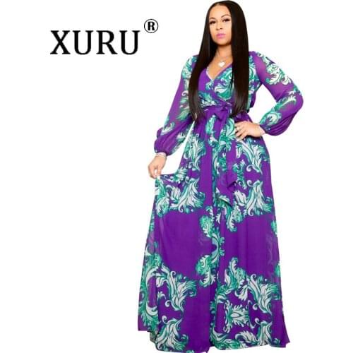 XURU autumn womens print dress bohemian beach chiffon long dress v neck waist bandwidth loose large size dress S-5XL