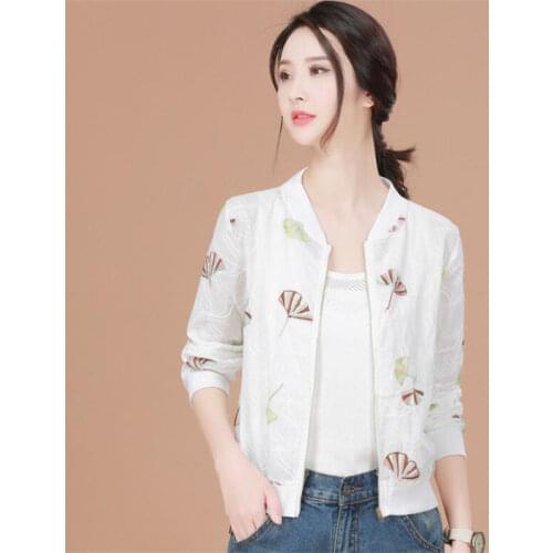 Women Jacket Brand Tops Leaves Embroidery Casual baseball Jacket Summer Thin Cardgain