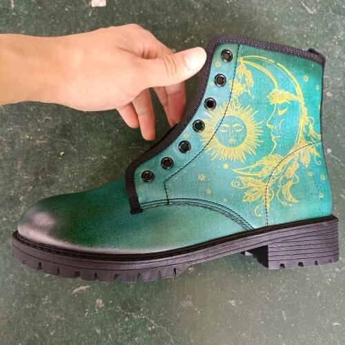 2021 Autumn And Winter New 3D Printed Moon And Sun Comfortable Lace-up Flat-bottomed Large Size Womens Boots, Cyan & Black