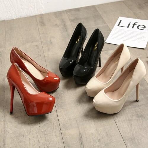 New Women Pumps Shoes PU Leather Shallow Slip-On Round Toe High Heels 14CM Wedding Party Derss Shoes Sexy Stilettos Ladies Shoes