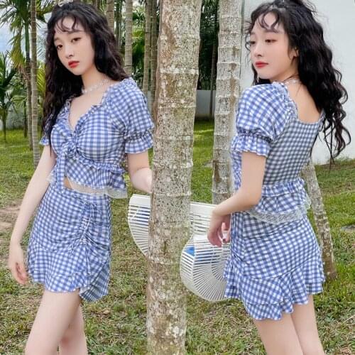 2021 New Korean Women Sexy Lattice Bikini Set Push Up Female Swimsuit Swimwear Swim Separate Two Piece Swimskirt Bathing Suit