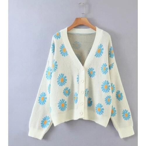 WomenS Button Sweater Long-Sleeved V-Neck Floral Print Loose Knit Cardigan Jacket 2021 Spring And Autumn New Casual Fashion