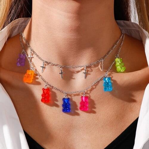 Cute Colorful Small Bear Cross Tassel Pendant Necklaces For Women Girls Fashion Double Layer Chain Short Necklace Jewelry Kolye