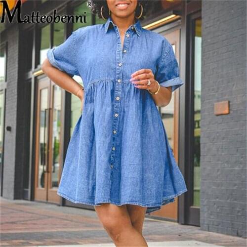 Plus Size Women Summer Denim Dress Retro Women Short Sleeve Turn Down Collar Pockets Button Casual Loose Street Denim Dress 2021
