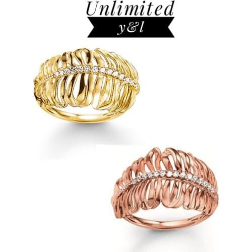 Gold/Rose Gold Color Feather Open Rings Cubic Zirconia Silver Fashion Good Jewelry for Women and Men Love Gifts