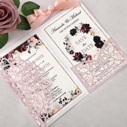 100pcs Custom Rose Gold Glitter Laser Cut Hollow Wedding Invitations Pearlized Paper Cards with Envelope