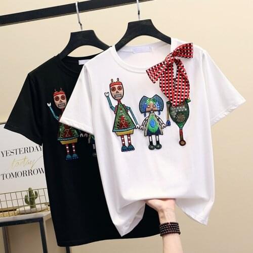 2021 Summer Women t shirt short-sleeve Cartoon Embroidery tshirt cotton tops