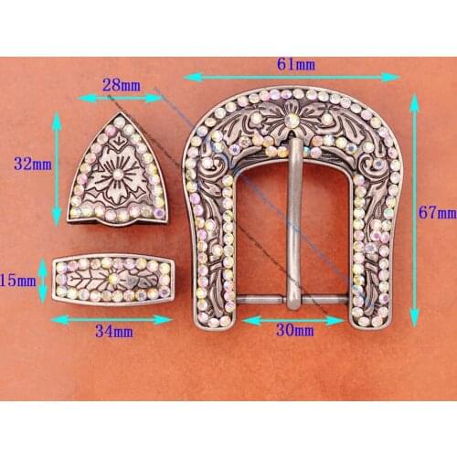 Old Silver Bling Western Cowboy Rodeo 3PCS Set Floral Carved Replacement Colourful Rhinestone Crystal Belt Buckle Fit 30mm Strap