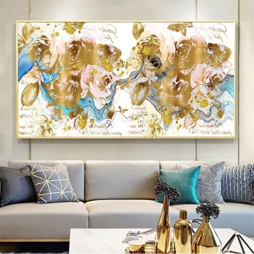 Large size Beautiful Romantic Golden Pink Flower Canvas Painting Prints Poster Wall Art Picture living Room Bedroom Home Decor