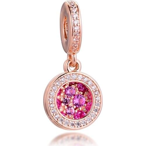 Fits Pandora Bracelet 925 Sterling Silver Sparkling Pink Disc Double Dangle Charms Crystal Beads for Jewelry Making 2020 New