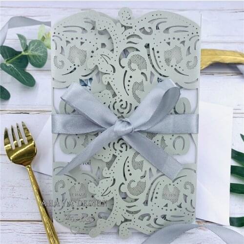 Elegant And Gorgeous Silver Invitation With Rose Laser Cut Wrap And Ribbon, Free Design