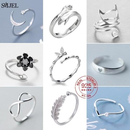 925 Sterling Silver Rings for Women Zircon Leaf Moon Star Geometric Hand Shape Wedding Ring Fine Jewelry Minimalist Gift