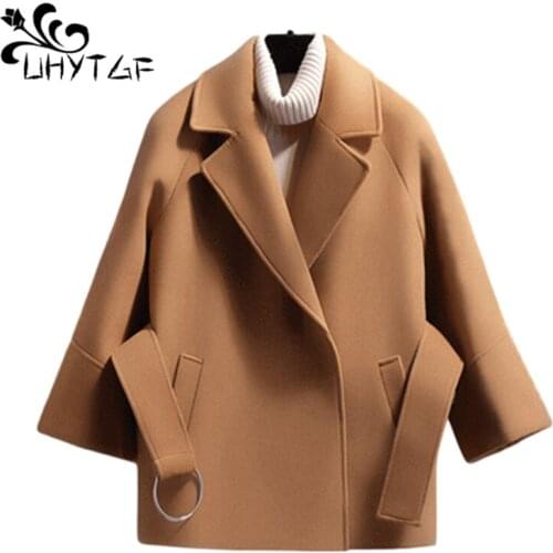 UHYTGF Blends Short Woolen Coat Women Suit collar Belt Cloak type Loose Autumn Winter Jacket Overcoat Female Plus size Tops 669