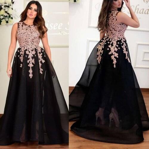 Lace prom dresses 2020 crew neckline beading sequins a line tulle black evening dresses arabic