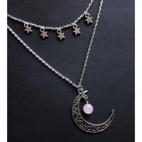 Layered Moon and Star Necklace with Rose Quartz Bead Detail-Crescent Necklace-Boho Necklace