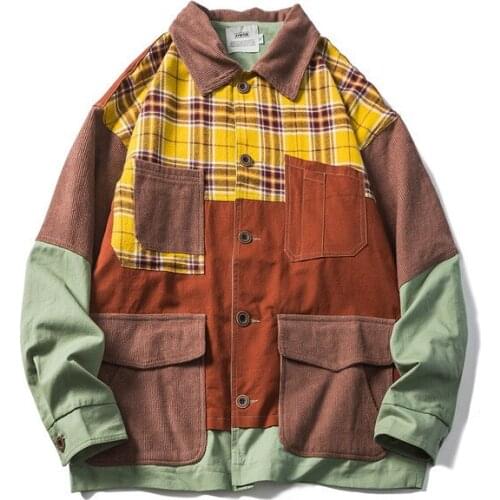 2020 autumn coat mens and womens street loose national fashion color matching large pocket contrast color jacket for men