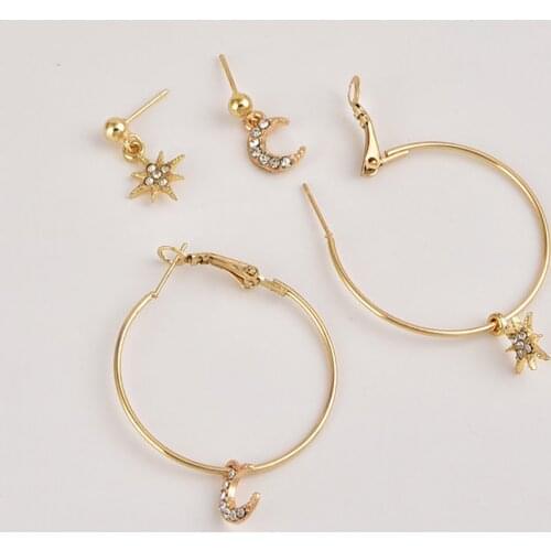 Bohemia Women Moon Star Ear Stud Set Alloy Large Circle Earrings Ear Clip Set Jewelry Valentines Day Gift