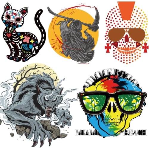 Punk Animals/Lion Patch Appliques Iron On Transfer Stickers For Clothing Punk/Skull Thermal Sticker Heat Transfer For T-shirt