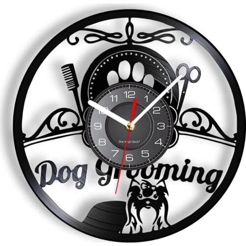 Dog Grooming Salon Wall Clock With LED Backlight Salons For Pets Animals Laser Etched Vinyl Wall Watch Retro Black Hanging Decor