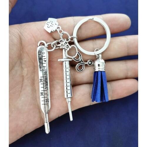 2021 New Nurse Medical Box Medical Keychain Alloy Needle Syringe Stethoscope Cute Tassel Fashion Keychain Jewelry Gift, Thermome