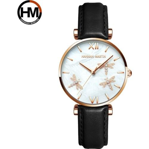 Dropshipping Luxury Hannah Martin Women Clock Geunine Leather Strap Japan Quartz Movement Rose Gold 3 Bar Waterproof Lady Watch
