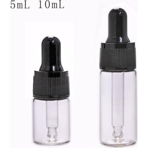 30pcs/lot 5ml/10ml Empty Dropper Glass Bottle With Black Lid Portable Glass Eye Dropper Aromatherapy Esstenial Oil Bottle