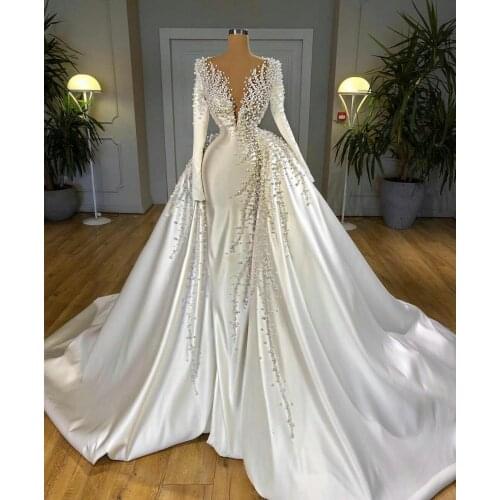 Gorgeous Wedding Dresses With Detachable Train Satin Pearls Beads Mermaid Bridal Gowns Long Sleeve Marriage Dress Robe De Mariee