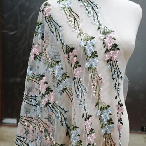 Pink Blue Colorful Stripe Flower Overlay Embroidery French Tulle Lace fabric For Evening Bridal Gown Curtain Garden Party Dress