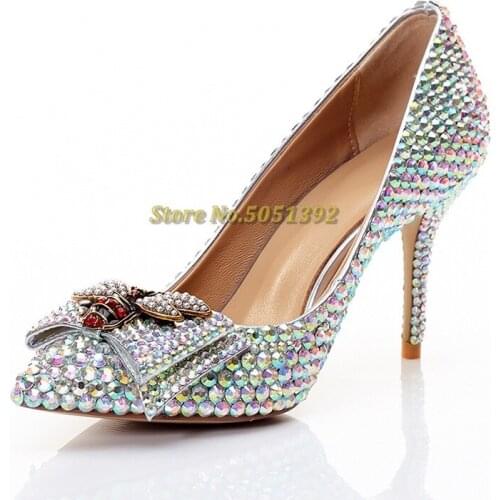 Crystal Bee Decor Pumps High Heel Slip On Dress Women Shoes Stiletto High Heel Sexy Pointed Toe Shine Women Shoes