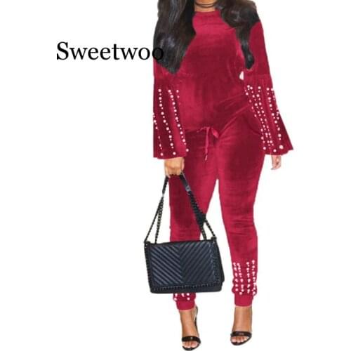 2020 Spring 2Pcs Women Ladies Velvet Tracksuit Beaded Sweatshirt Pants Set Party Suit