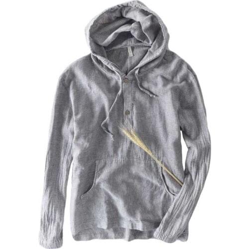 Spring Summer Long Sleeve Casual Linen Shirt Pocket Men Slimming Hooded Pullover Stripe Shirt Cotton Mixed Blouses Korean Style