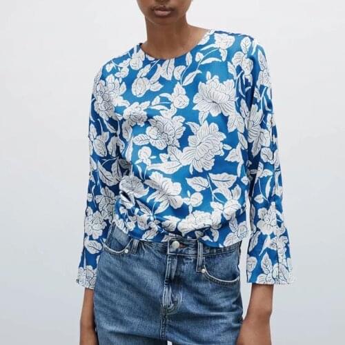 New ladies floral print blouse spring and autumn blue shirt fashion temperament celebrity top