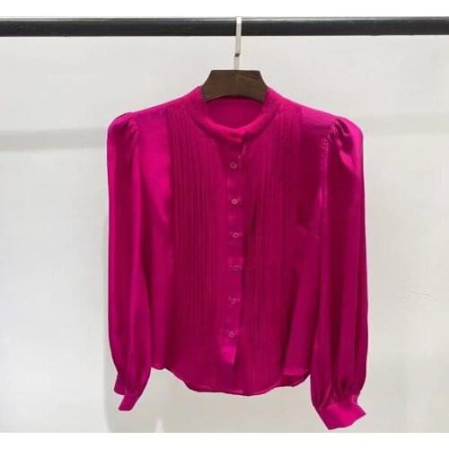 Runway Fashion Women Shirt 2021 Spring Summer Solid Elegant O-Neck Long Sleeves Single Breasted Cute Ladies Silk Blouse