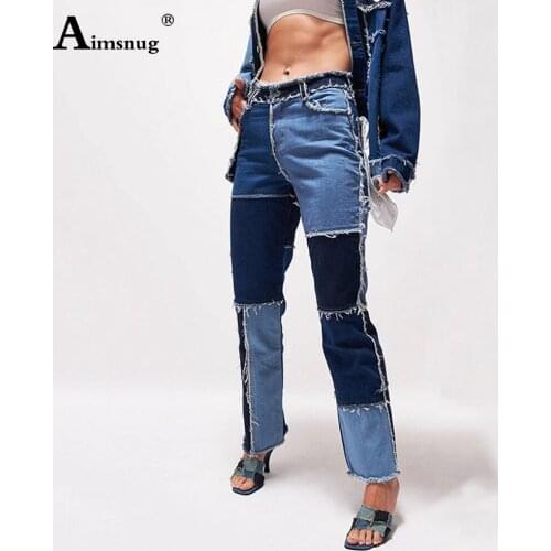 Women High Waist Jeans Aestietic Demin Pants Streetwear Fashion Contrast Stitch Blue Jean Pants New Patchwork Trousers Femme