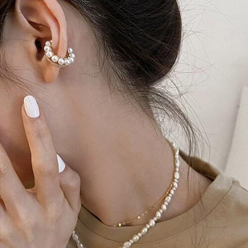 Origin Summer Korean Fashion C Shape Simulation Pearl Clip Earring for Women Shining Rhinestone Metallic Earring Jewellery