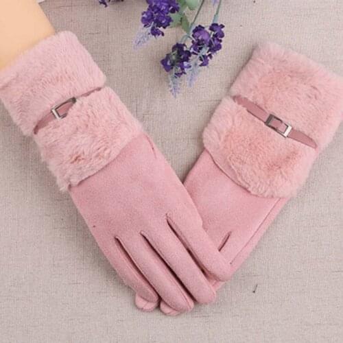 Female Winter Plus Velvet Thicken Warm Sport Cycling Mittens Korean Suede Leather Bow Plush Touch Screen Driving Gloves L67L