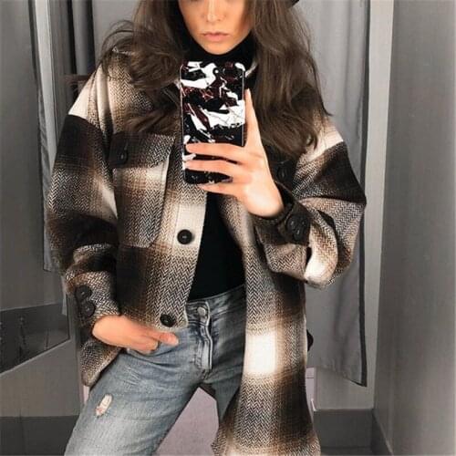 Long Sleeve Loose Women Oversized Coats 2021 Stylish Pockets Oversized Plaid Jacket Coat Lapel Collar Female Outwear Casual Tops
