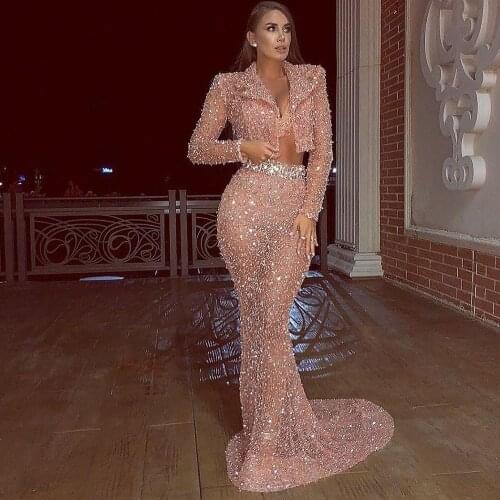 Two Pieces Pink Evening Dresses Sequins With Jacket Long Sleeves Sheer Sheath Prom Party Night Long Gowns