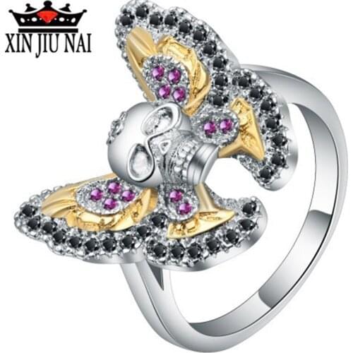 Gothic Colored Cubic Amethyst Zirconia Butterfly Skull Ring Female Silver Color Punk Band Skeleton Cocktail Ring Women Vintage