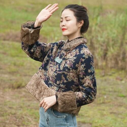Women Winter Printed Patchwork Short Coat Ladies Loose Tops Parkas Female Vintage Short Outerwear Retro Topcoat 2019
