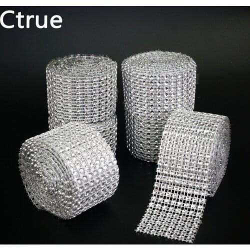 1pcs 4cm*2meter Bling Diamond mesh Wrap ribbon silver Rhinestone Mesh Roll Tape Tulle Crystal Ribbon cake wedding decoration
