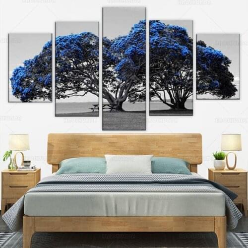 5 Piece Black White and Blue Canvas Wall Art Trees Picture Prints Decor Artwork for Modern Living Room Bedroom Decoration