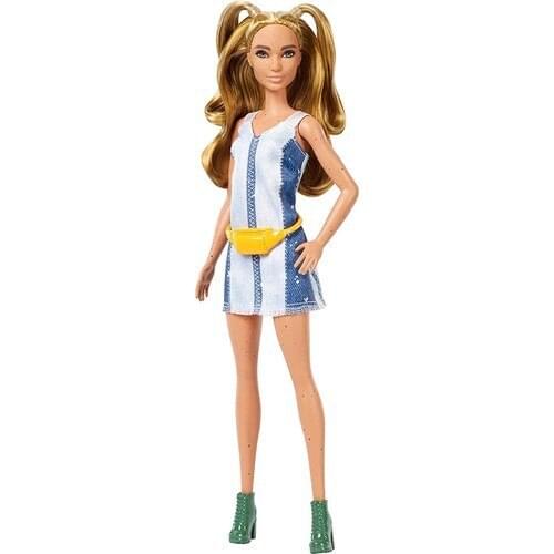Barbie Fashionistas Charming Party Dolls-Fashion Icon Blonde Barbie Doll in Blue White Short Elegant Dress, yellow Waist Bag