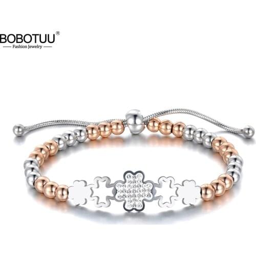 BOBOTUU Original Titanium Stainless Steel Beads CZ Crystal Charm Bracelets Bangles Trendy Four Leaf Flower Chain Jewelry BB19084