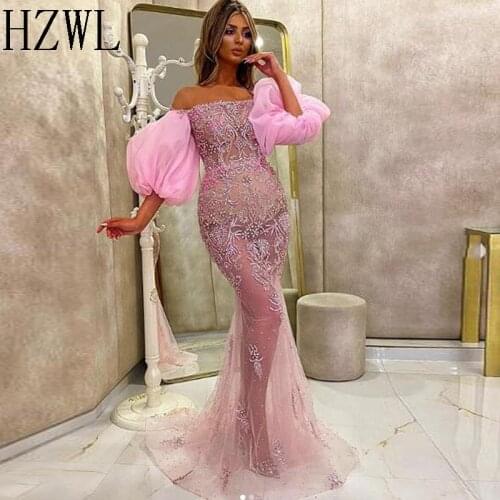 Baby Pink Off the Shoulder Mermaid Prom Dresses Puffy Half Sleeves Zipper Back Sweep Train Evening Dresses коктейльные платья